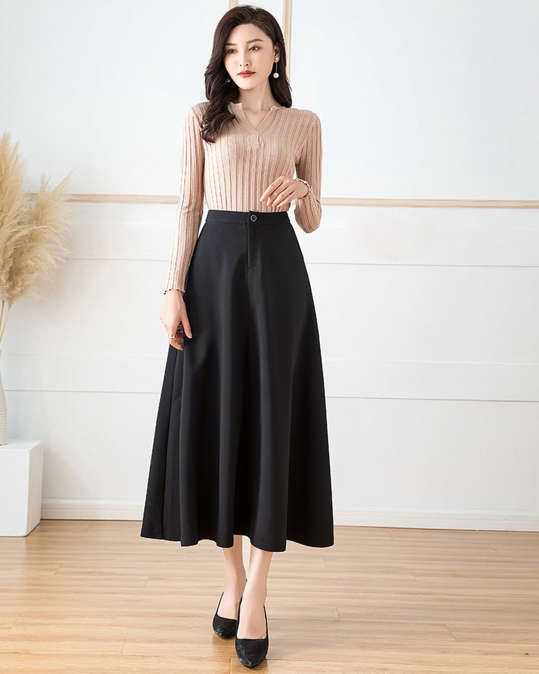 【Raucohouse】Flin unbalanced flare midi skirt Poplin Drop-Waist Midi Skirt | Banana Republic Factory