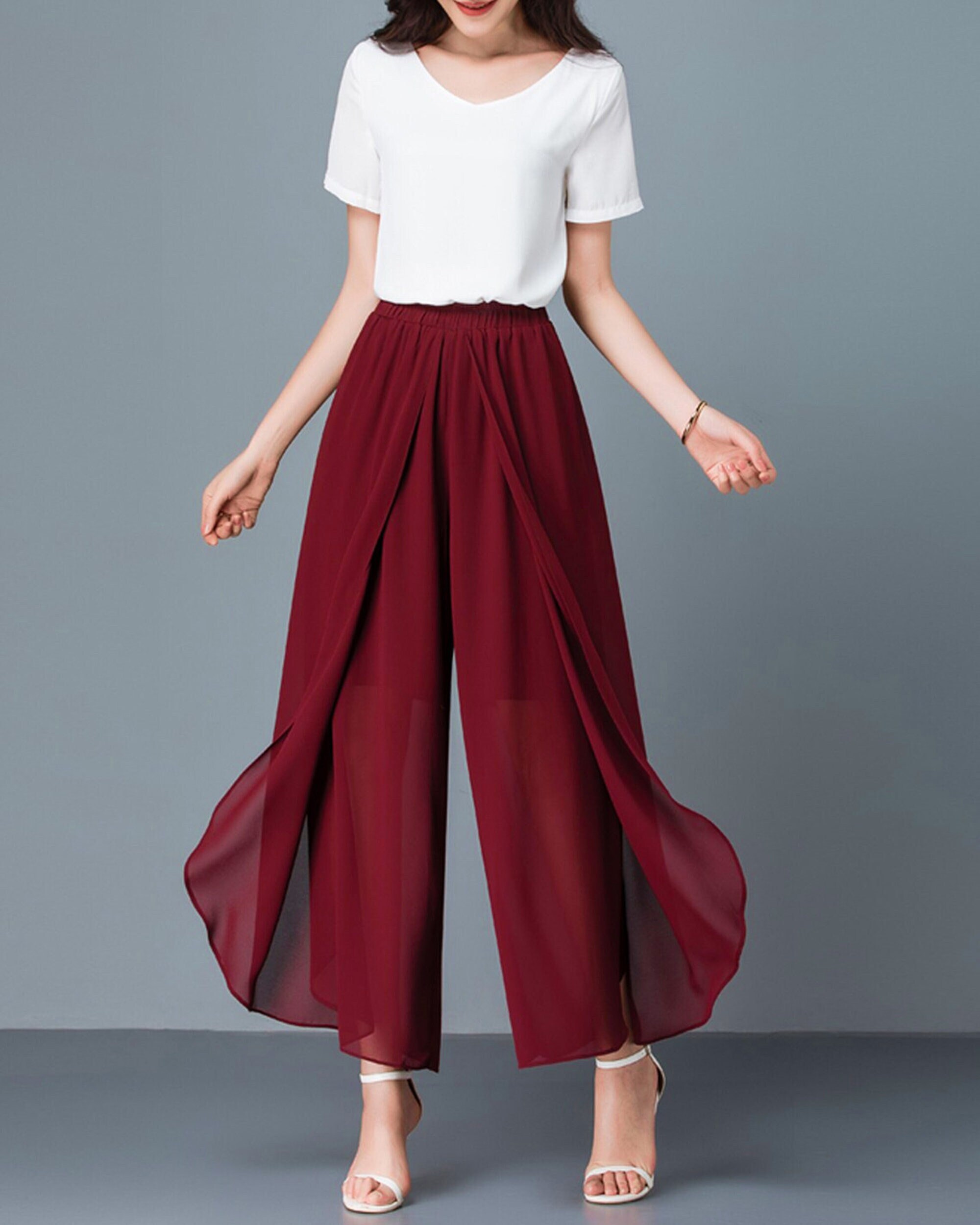 Ankle Length Pants, Wide Leg Pants, Women's Chiffon Pants