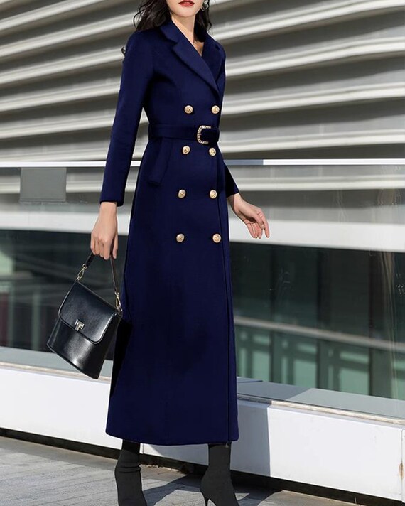 Wool Double Breasted Long Coat Dress with Belt