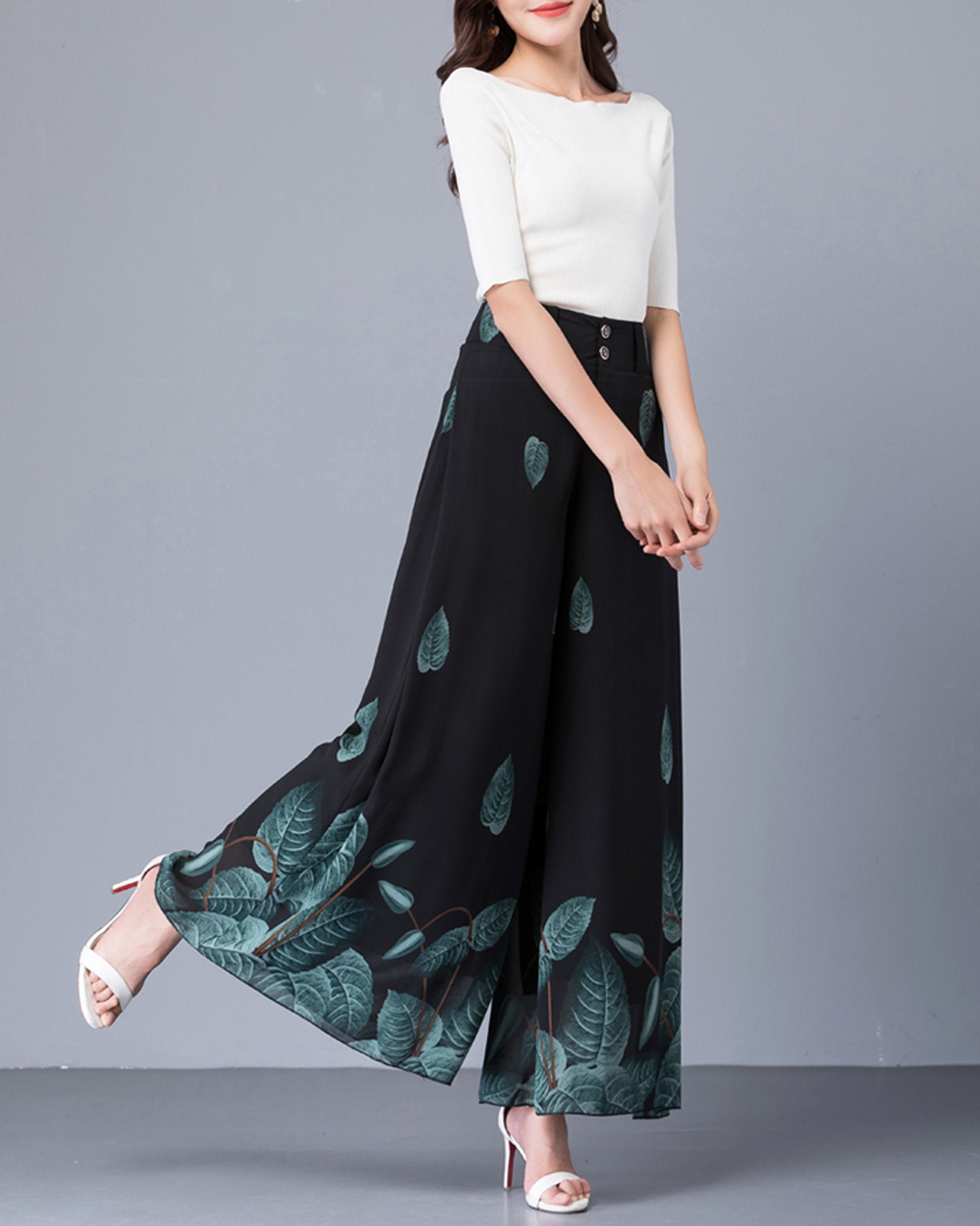 Wide Leg Pants, Women's Chiffon Printed Pants, Black Skirt