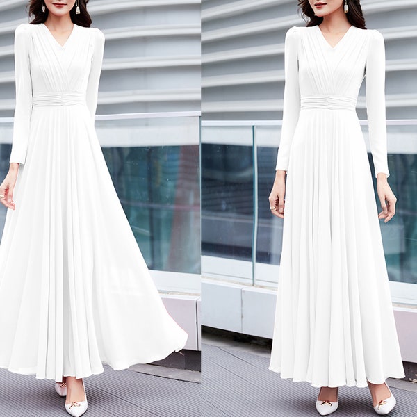Women's chiffon dress, v-neck dress, maxi dress, long sleeve dress, A-line dress, flare dress, plus size dress, customized dress Q0022