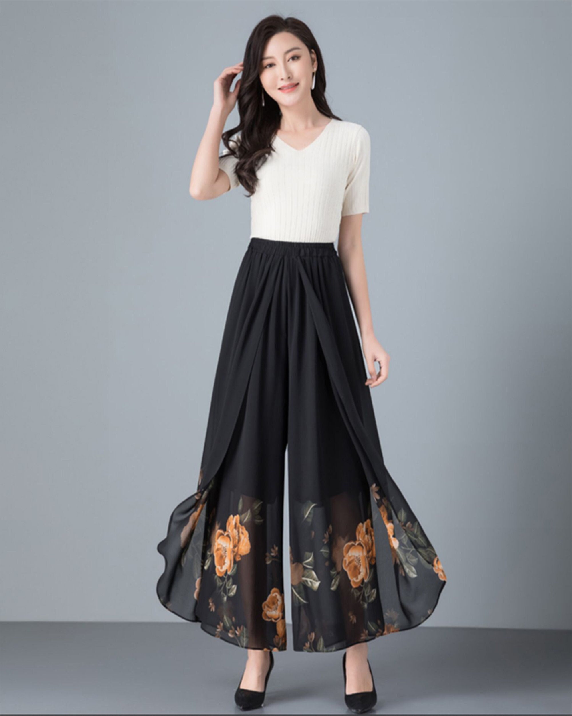 Ankle Length Pants, Wide Leg Pants, Women's Chiffon Pants