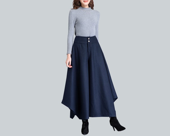 Wide Leg Pants Women, Wool Skirt Pants, Asymmetric Pants, Cropped