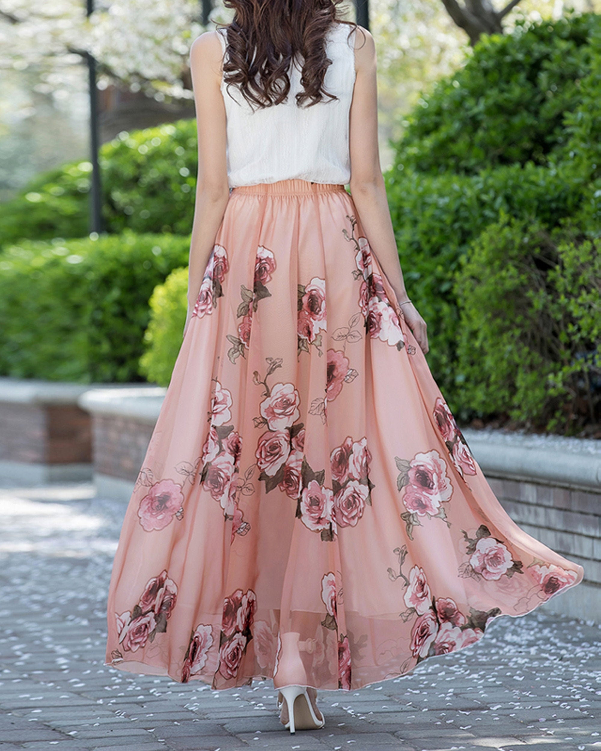 Elegant chiffon fabric flair skirt floral print and plated body