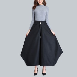 Wide leg pants women, Wool skirt pants, asymmetric pants, cropped pants, flare skirt pants, plus size trousers, casual customized pants P004