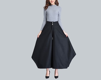 Wide leg pants women, Wool skirt pants, asymmetric pants, cropped pants, flare skirt pants, plus size trousers, casual customized pants P004