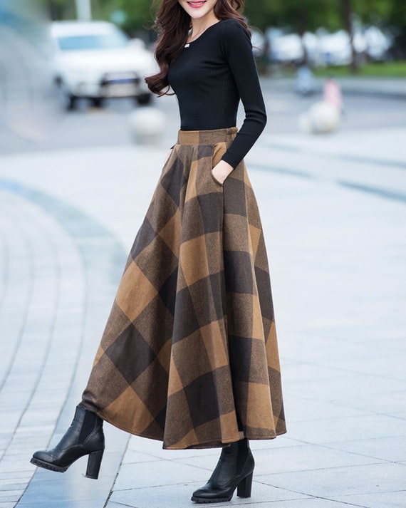 Plaid Skirt, Winter Skirt, Wool Skirt, Black Skirt, Long Wool