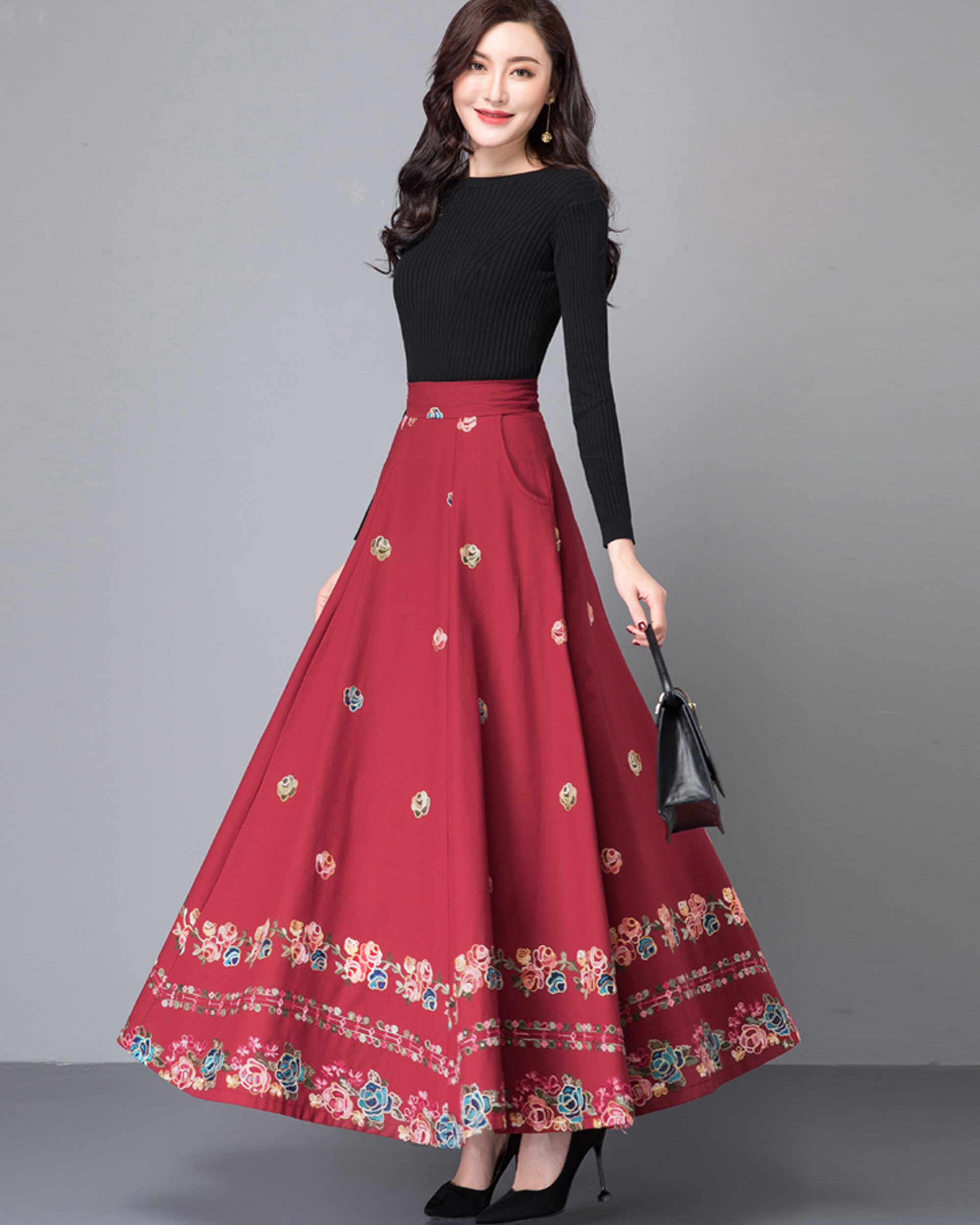 Women's Embroidered Skirt, Maxi Skirt, Flare Skirt, Cotton Women's Embroidered Skirt, Maxi Skirt, Flare Skirt, Cotton