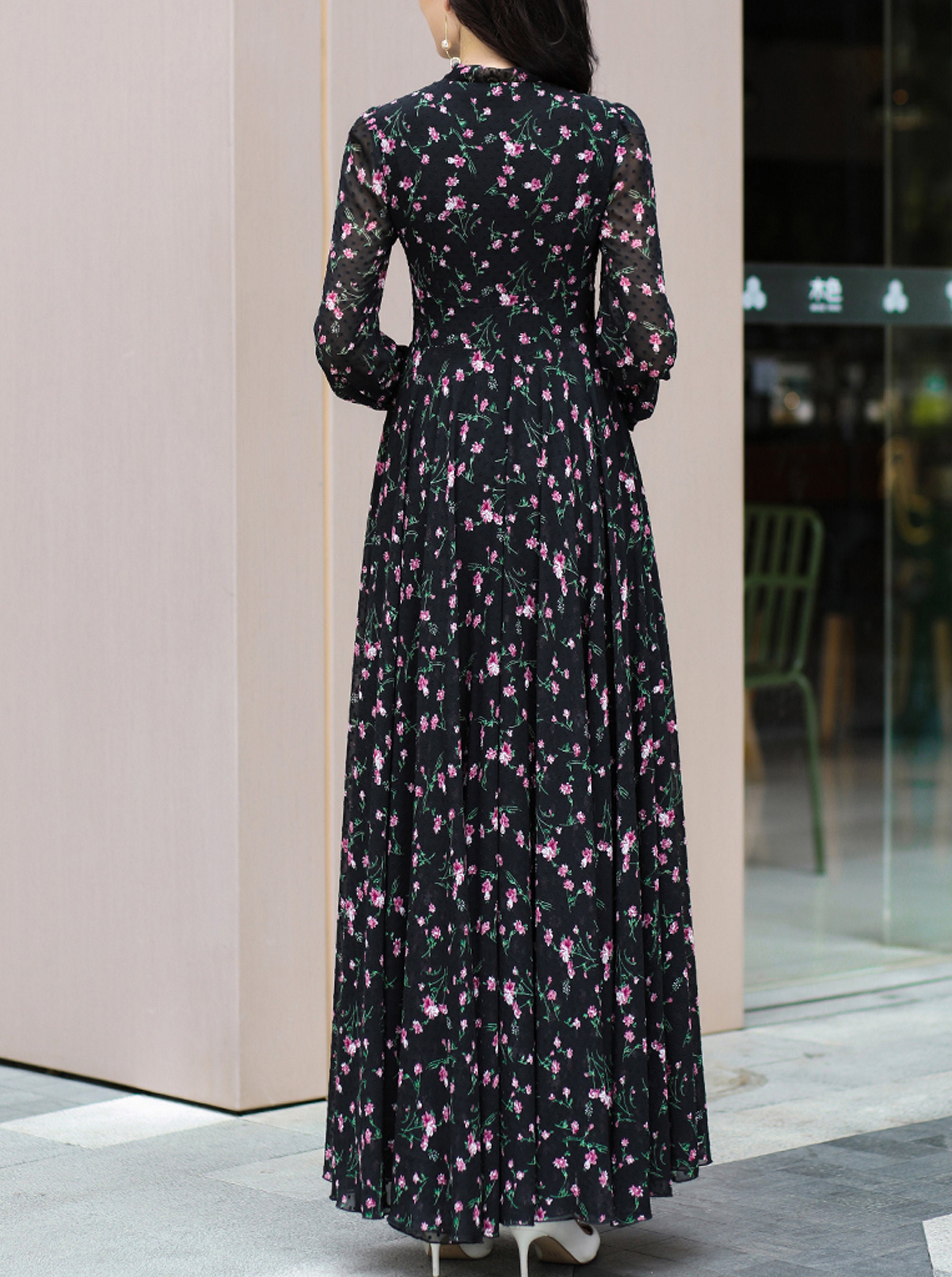 blue and white floral linen dress Linen Long Dress- Blue & White Floral
