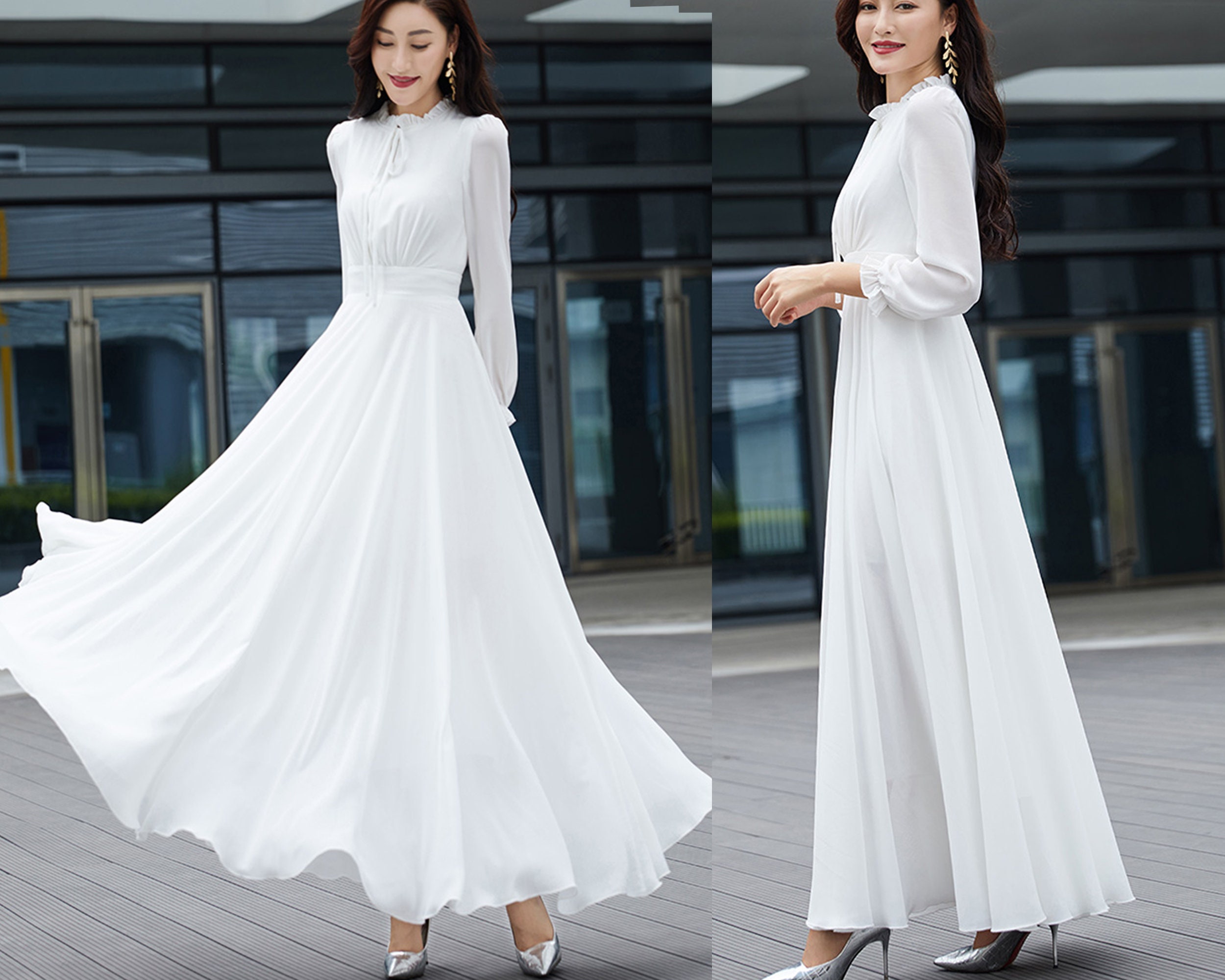 Chiffon Dress Long Sleeve -  New Zealand