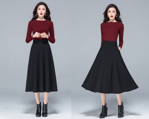 Cotton Skirt Midi Skirt Winter Skirt Dark Gray Skirt Long Skirt Vintage Skirt High Waist Skirt Flare Skirt Wool Skirt With Belt Q005 Etsy Australia