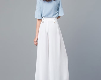セットアップ HUECLOSET Blanche square neck chiffon blouse skirt pants set White Chiffon Pants - Etsy