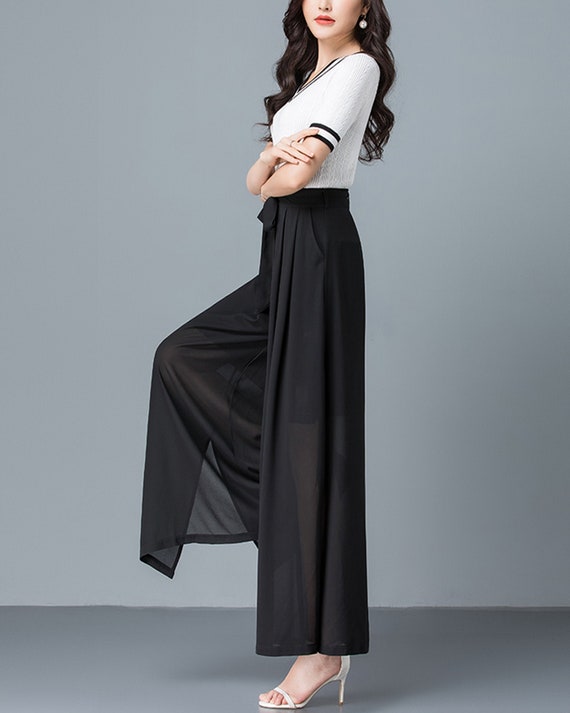 Women's Chiffon Skirt Pants, Wide Leg Pants, Black Skirt