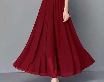 Chiffon Maxi Skirt: Elastic Waist A-Line Long Skirt