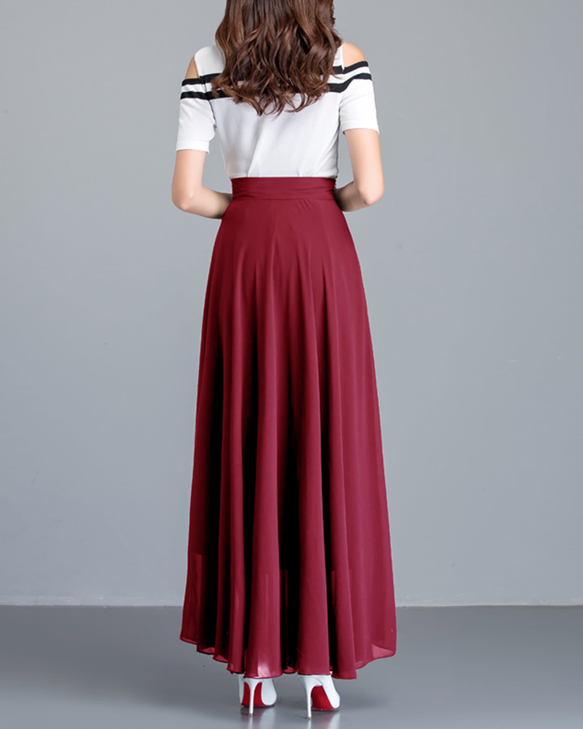 【Anyone more】Akiha Flared Long Skirt Kinghua Women's Casual A Line Flare Pleated High Waisted