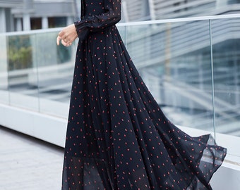 Floral Chiffon Maxi Dress: Long Sleeve A-line Plus Size