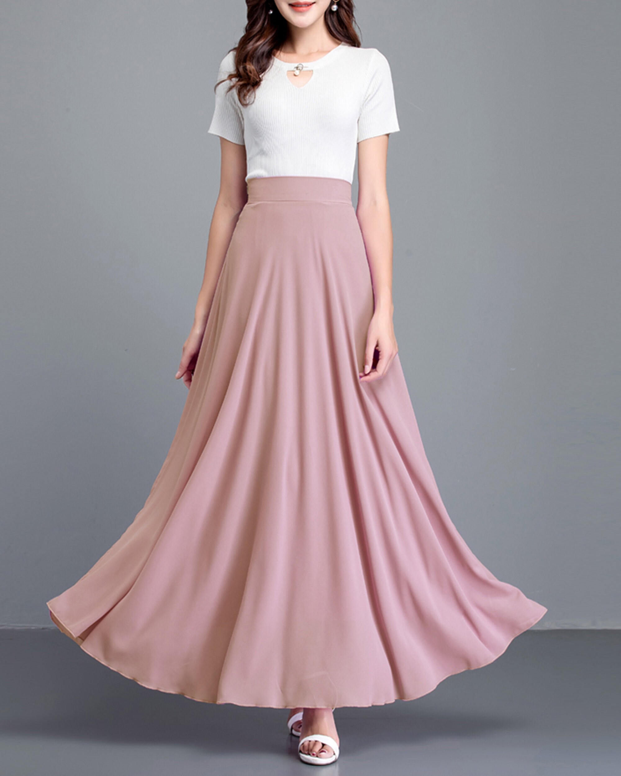 Women's Maxi Long Chiffon Bridesmaid Skirt – High Waist Floor Length Pleated Skirt With Belt, Blush, Large/X-Large - View #10