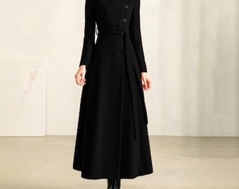 Wool Blend Long Coat: High Collar Winter Jacket with Belt