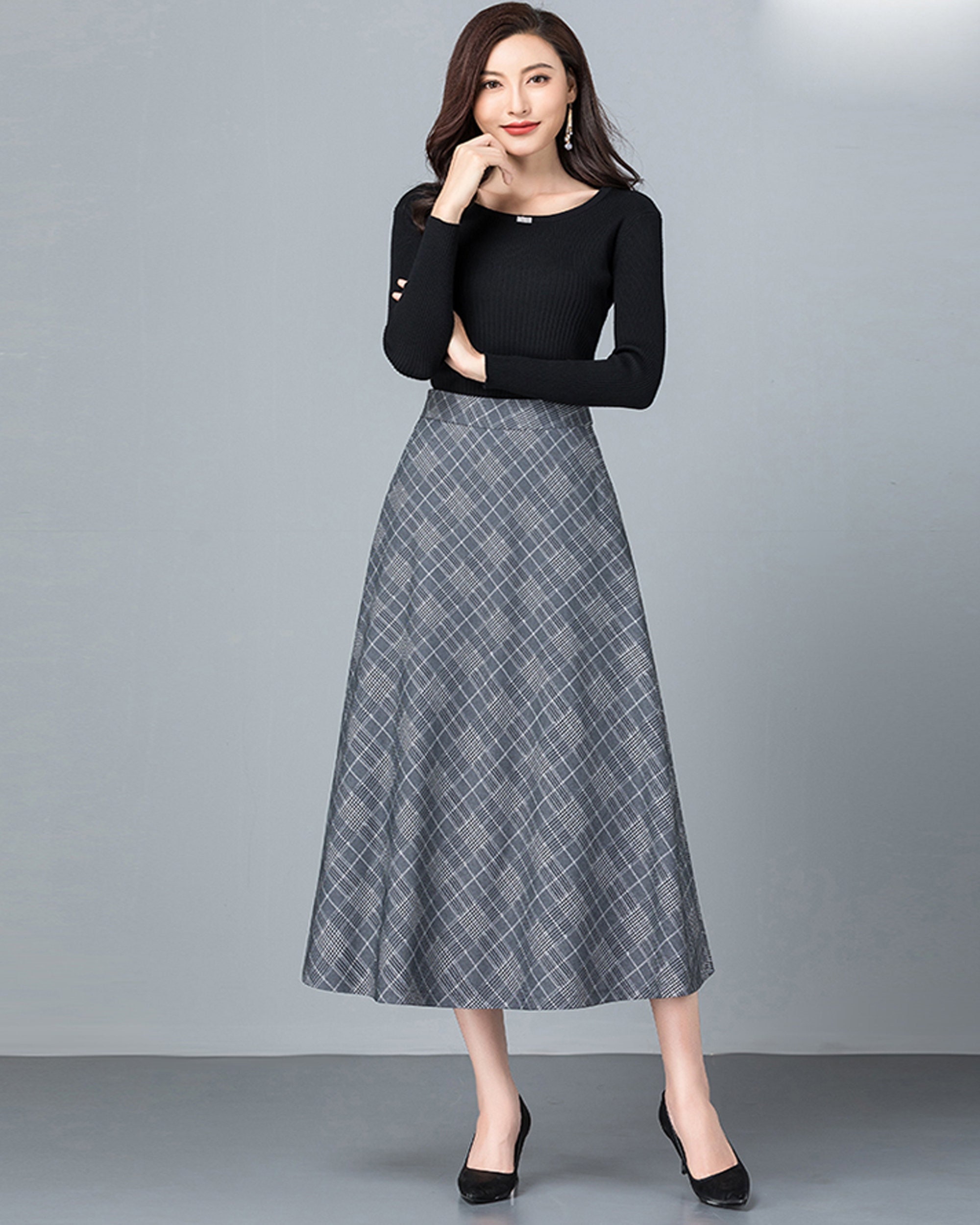 Cotton Plaid Skirt Midi Skirt Winter Skirt Dark Gray Skirt - Etsy