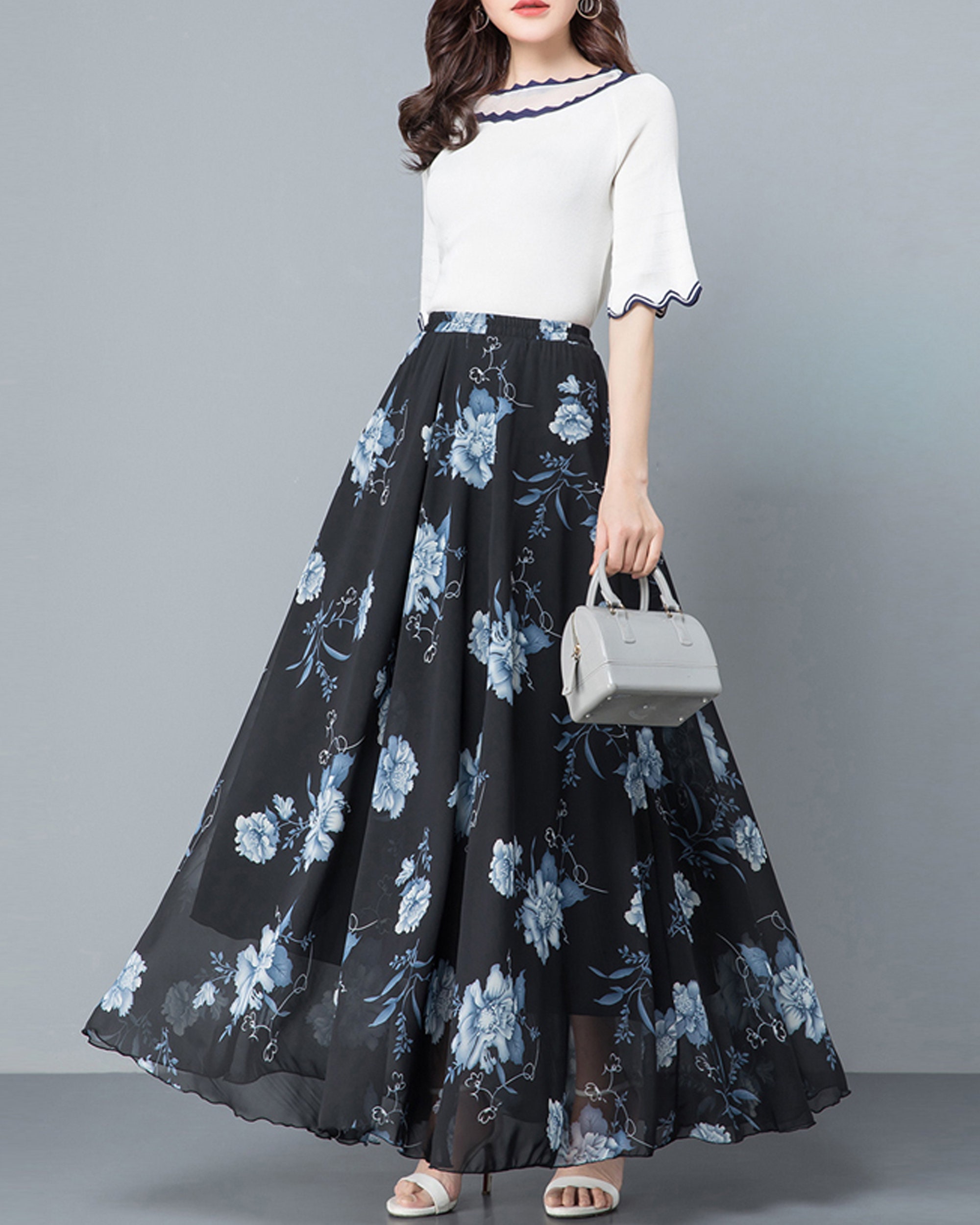 Chiffon Floral Skirt Printed Skirt Elastic Waist Skirt Maxi - Etsy UK