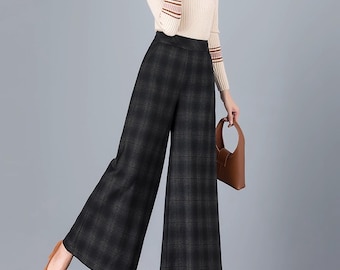Plaid Wide Leg Cotton Pants: High Waist Cropped Trousers