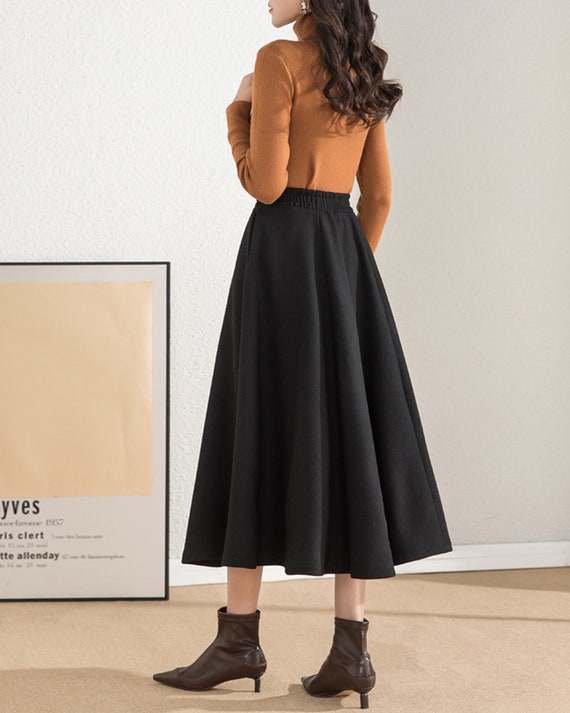 Wool Midi Skirt, Elastic Waist Skirt Winter Skirt, Wool