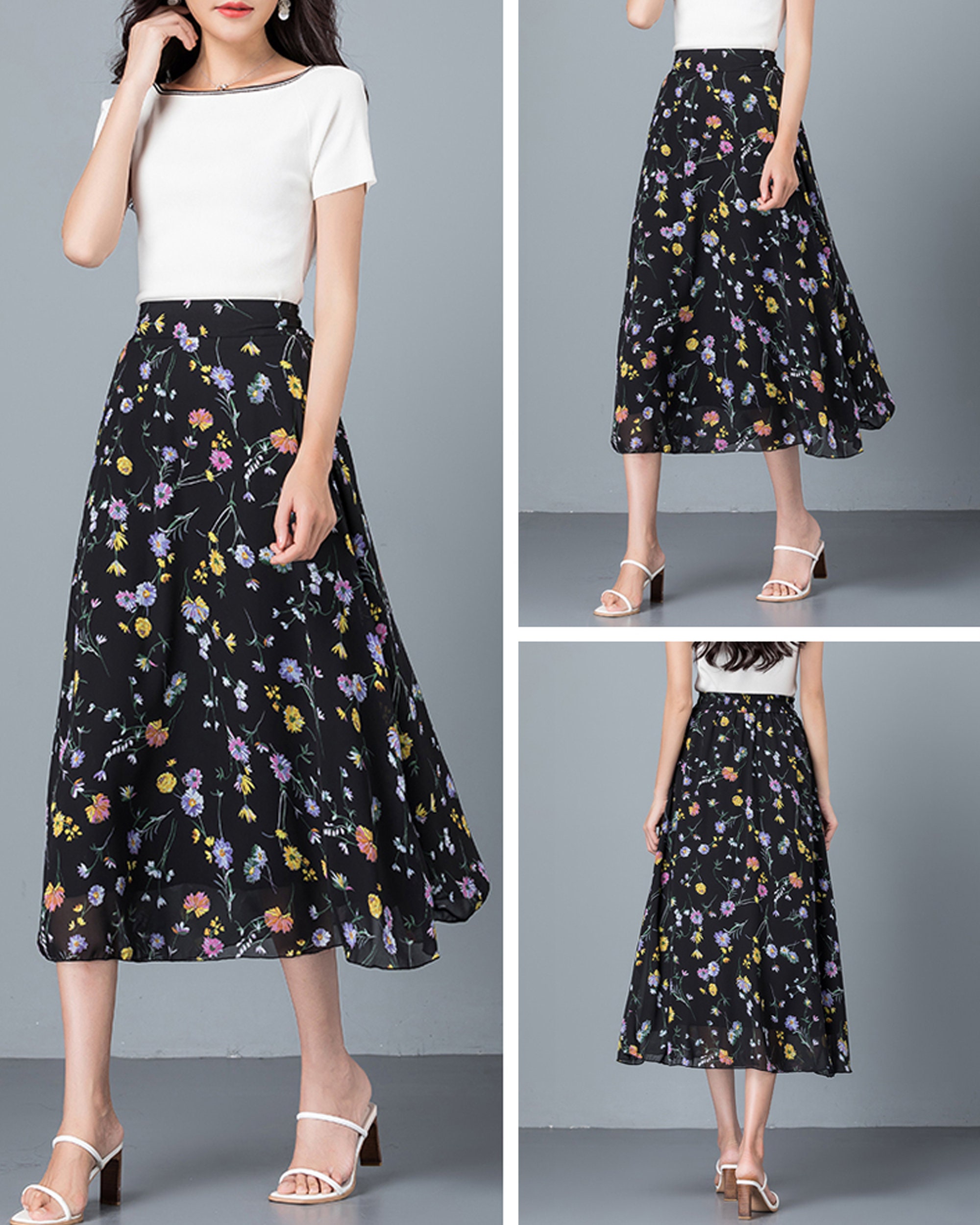 Women's Chiffon Floral Skirt, Midi Skirt, Printed Skirt