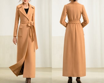 Wollen jas met riem: lang winterjack, elegante jasjurk