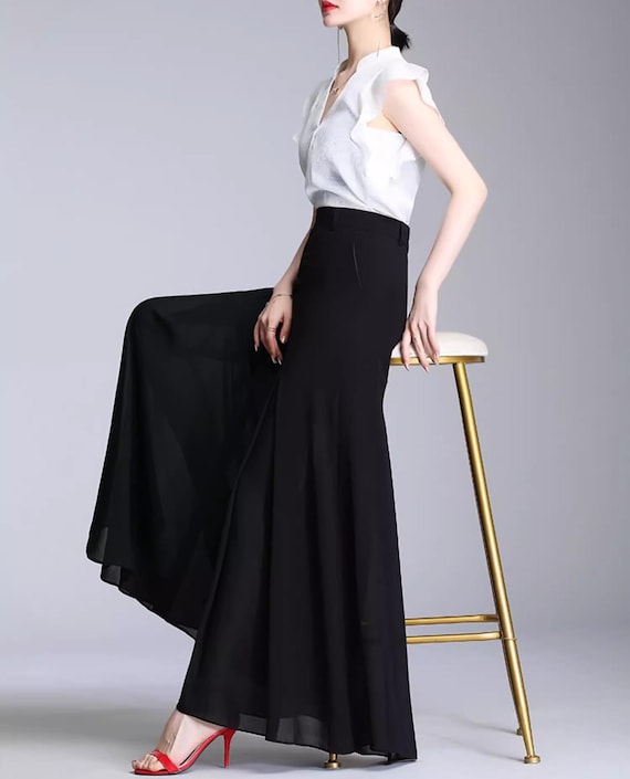 Women's Chiffon Skirt Pants, Wide Leg Pants, Black Skirt