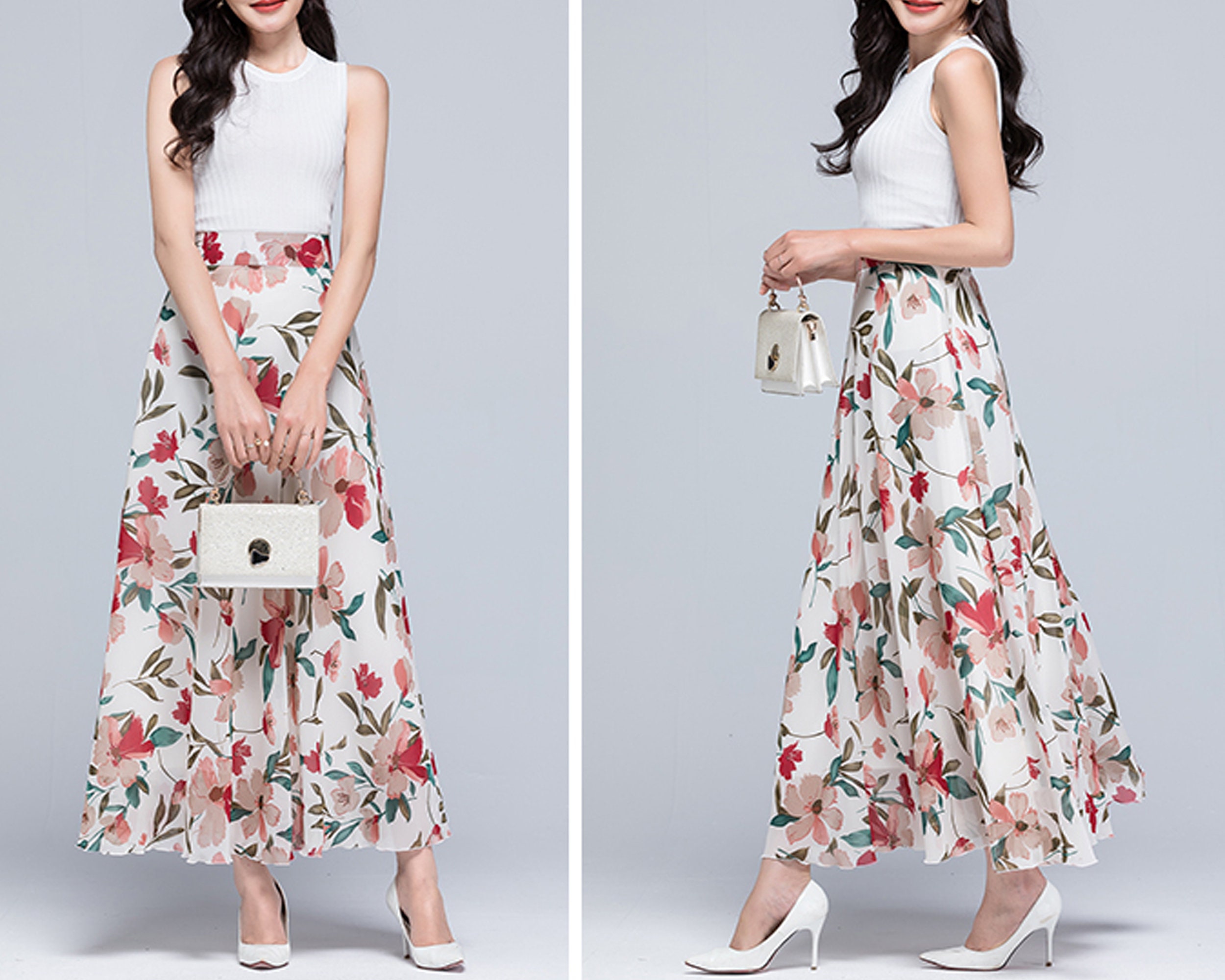 Printed Skirt, Chiffon Floral Skirt, Elastic Waist Skirt