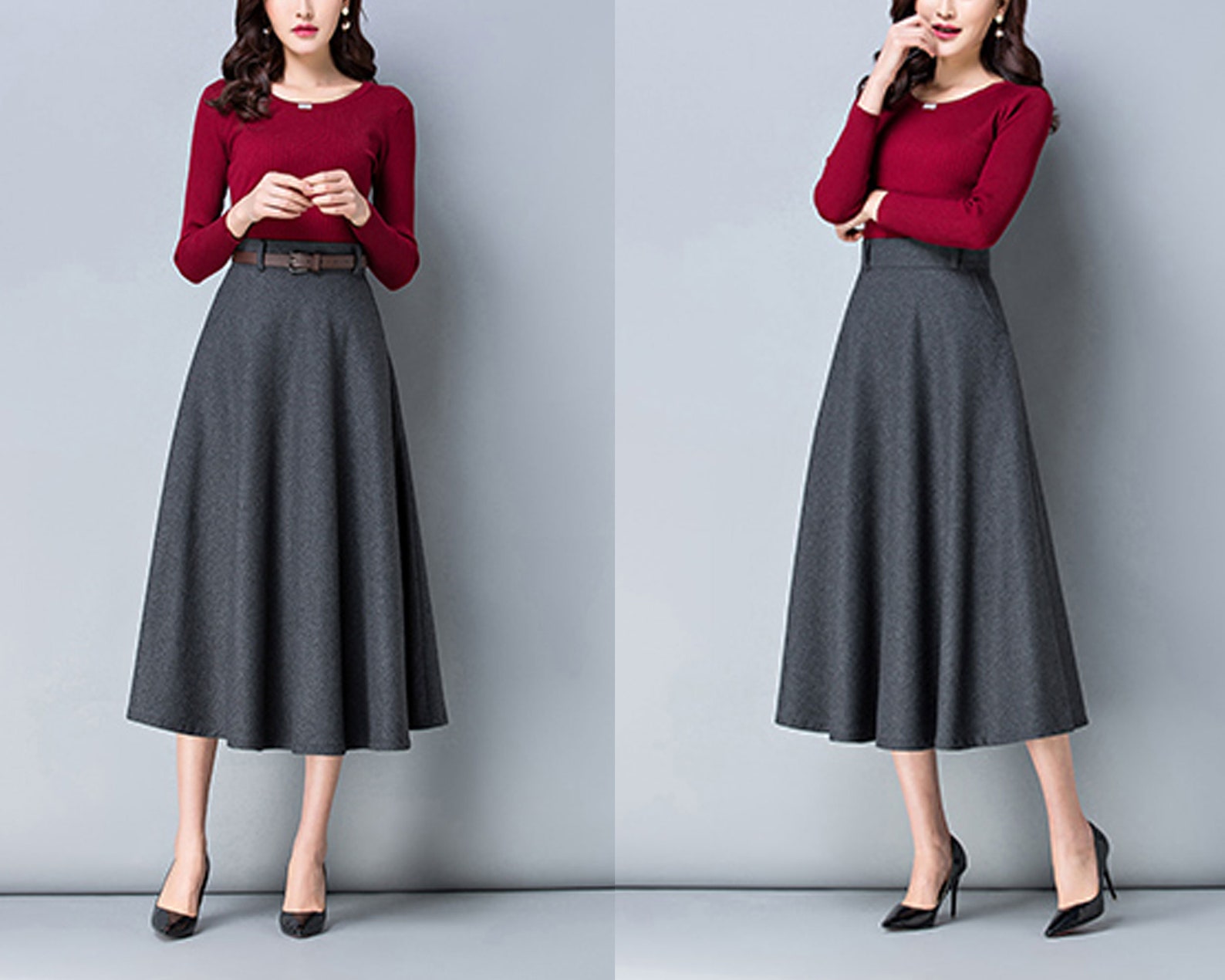 belted-waist flared skirt