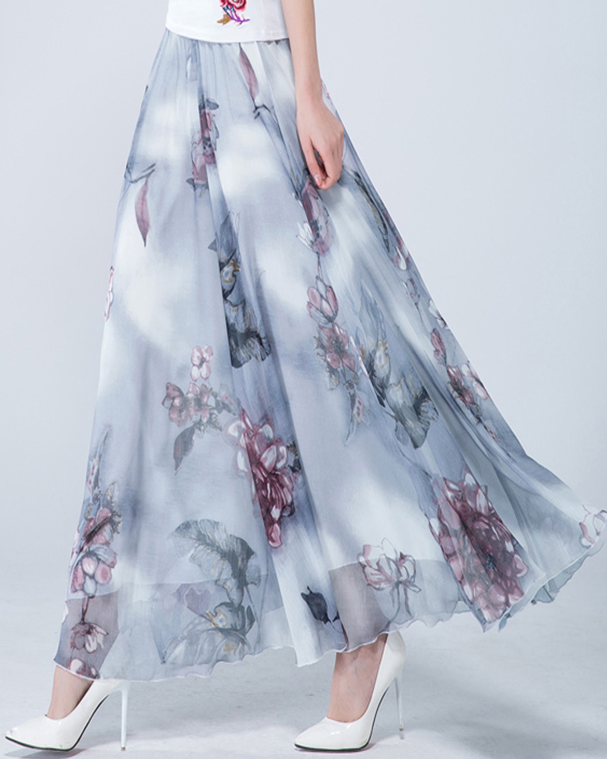 Flower print shop long skirt