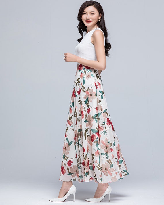 Printed Skirt, Chiffon Floral Skirt, Elastic Waist Skirt