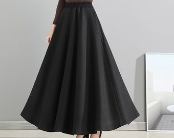 Elastic waist skirt Winter skirt, wool skirt, black skirt, long wool skirt, vintage skirt, high waist skirt, wool maxi skirt Q0081