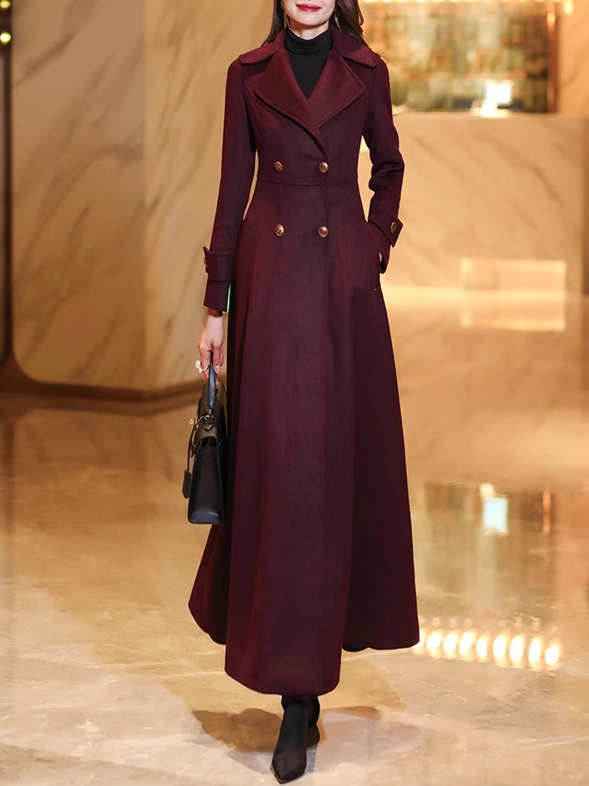 ワインレッドのウールコートドレス：ロングダブルブレストジャケット