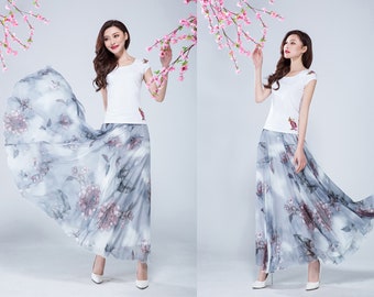 Floral Chiffon Maxi Skirt: Elastic Waist A-Line Long Skirt
