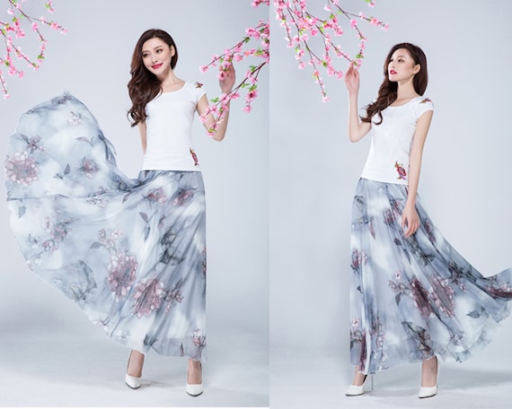 Chiffon Floral Skirt Printed Skirt Elastic Waist Skirt Maxi Skirt Flare Skirt High Waist Skirt Long Skirt A line Skirt X0032 Etsy