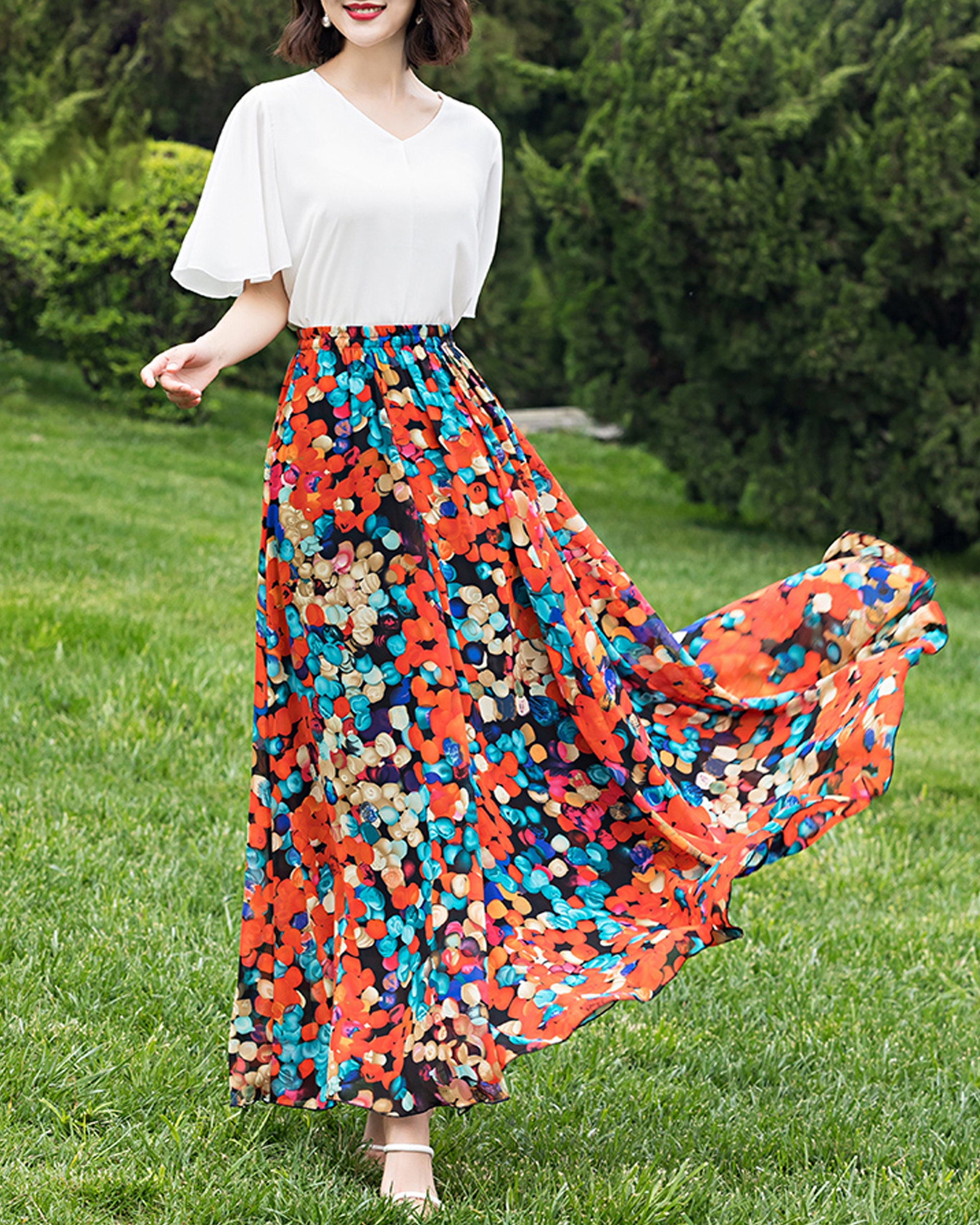 Chiffon Floral Skirt, Printed Skirt, Elastic Waist Skirt