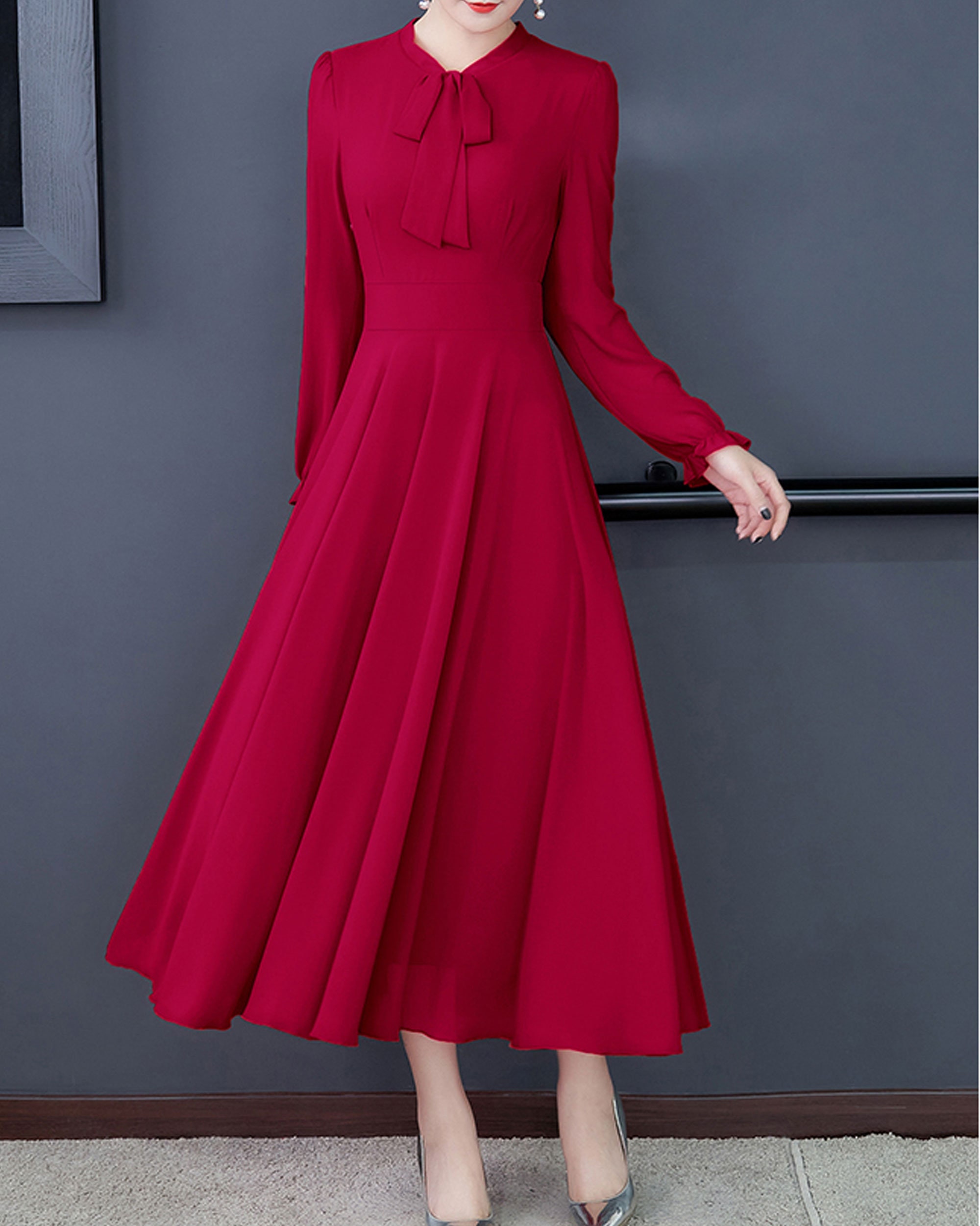 Chiffon A-line Midi Dress: Long Sleeve Flare Dress With