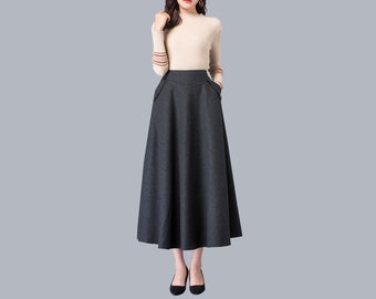 Wool skirt, midi skirt, Winter skirt, dark gray skirt, long skirt, vintage skirt, high waist skirt, flare skirt Q0012