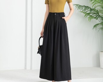 Wide Leg Cropped Pants: Elastic Waist Cotton Blend Trousers