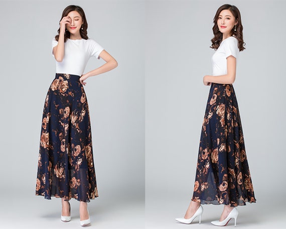 Women's Maxi Skirt, Chiffon Floral Skirt, Printed Skirt
