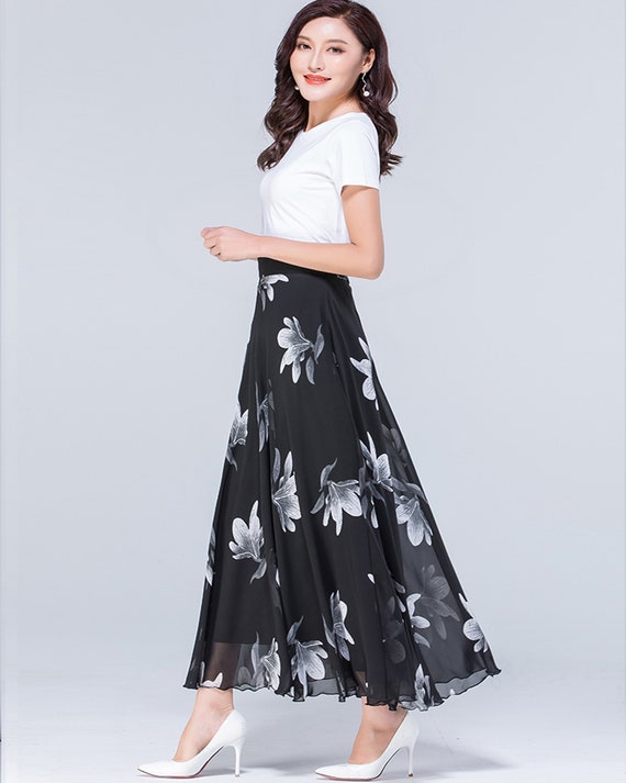 Chiffon Floral Skirt, Printed Skirt, Elastic Waist Skirt