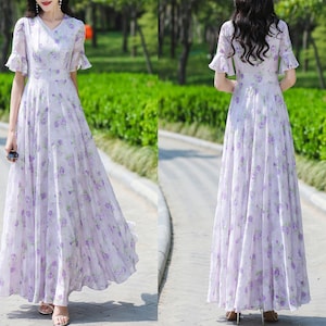 Floral dress, Maxi dress, Chiffon dress, printed dress, short sleeve dress, A-line dress, flare dress, long dress, plus size dress Q0065
