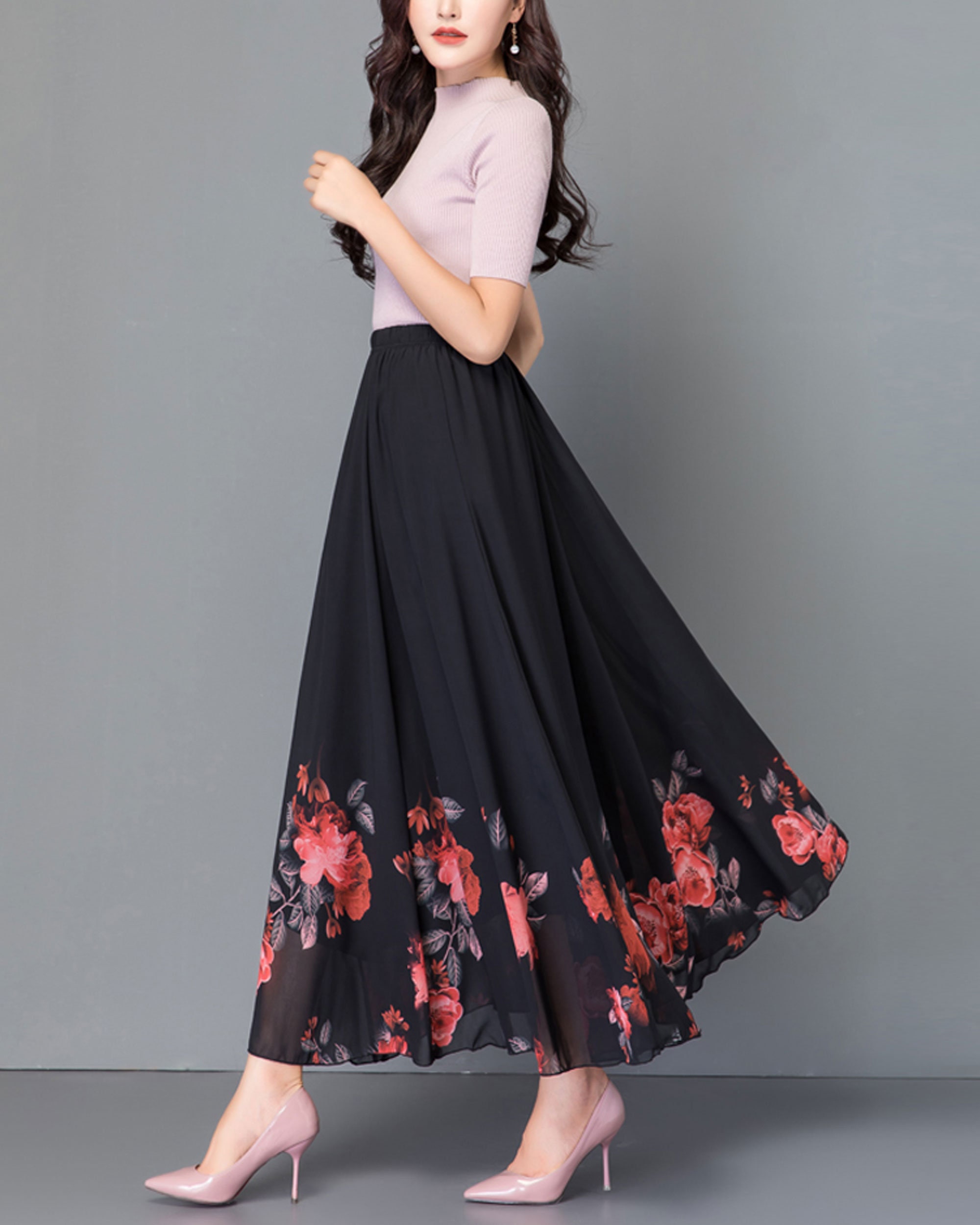 Floral Chiffon Maxi Skirt: High Waist A-line Flare - Etsy