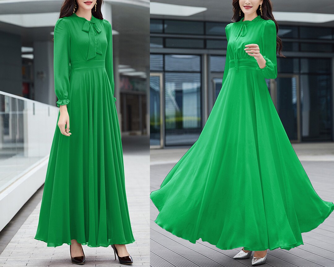 Women's Long Dress, Maxi Dress, Chiffon Aline Dress, Long Sleeve Dress