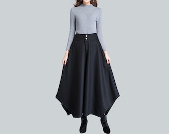 Wool skirt pants, Wide leg pants women, asymmetric pants, cropped pants, flare skirt pants, plus size trousers, casual customized pants P004