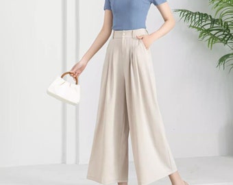 Wide Leg Cropped Pants: Elastic Waist Cotton Blend Trousers