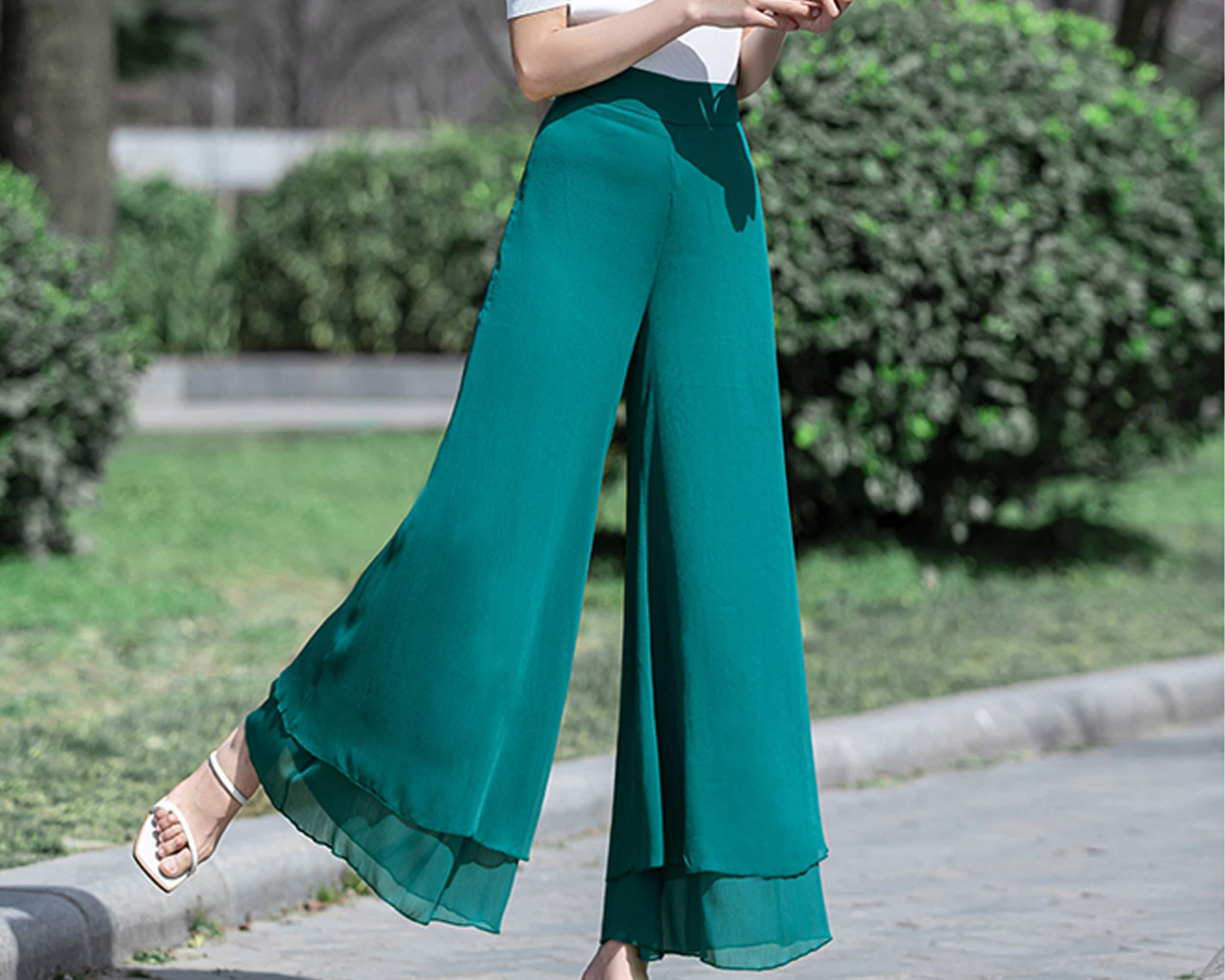 Wide Leg Pants, Summer Pants, Women's Chiffon Pants, Green Skirt Pants,  High Waist, Light Weight Pants, Customize Pants P0031 