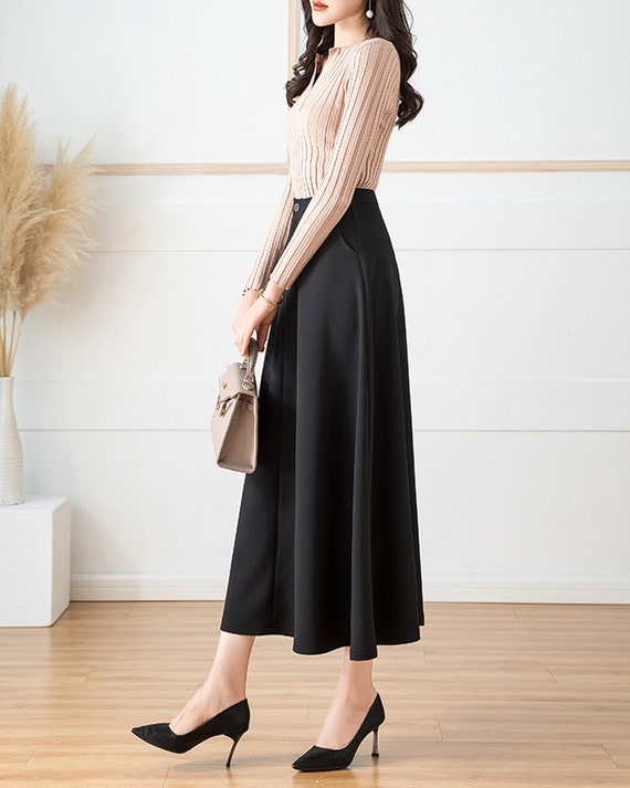 A-line Skirt, Midi Skirt, Spring Skirt, Black Skirt, Long